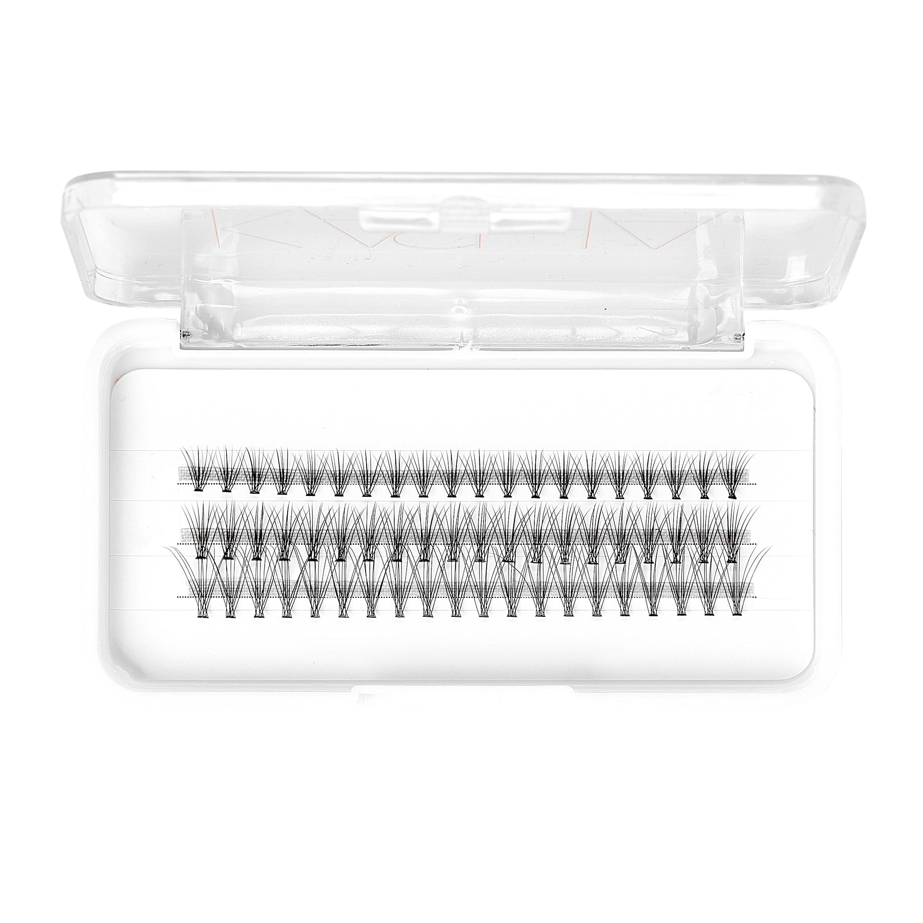 A pair of individual false eyelashes in different lengths presented in a plastic case